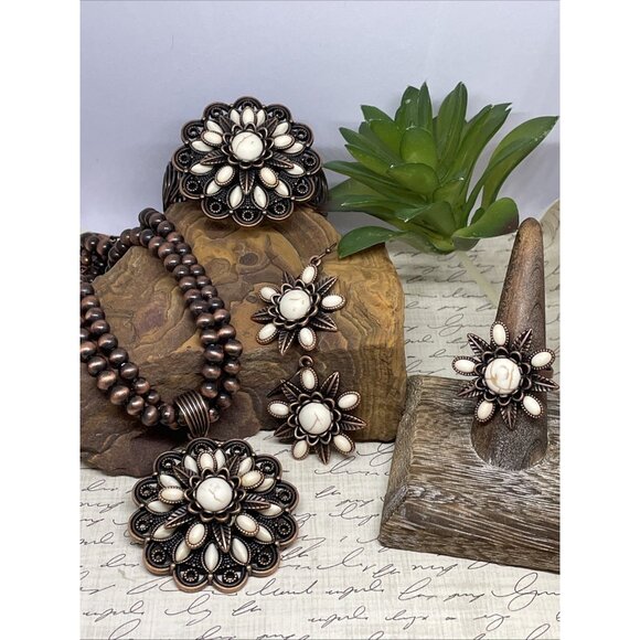 Rose Western Star Copper White Fall Necklace Earring Bracelet Ring SET Southwest - Picture 1 of 16